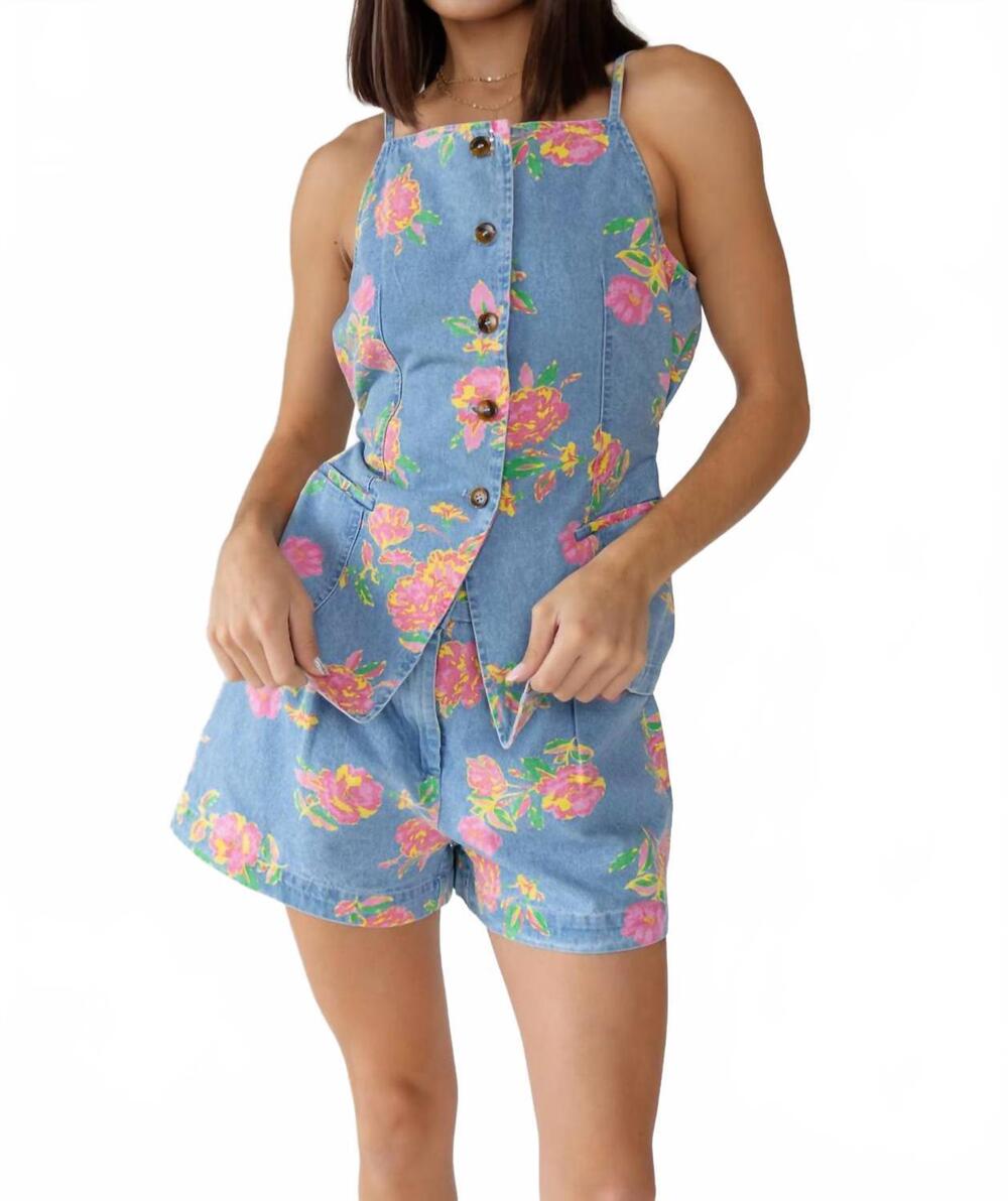 NEW ENTRO denim vest top in blue floral